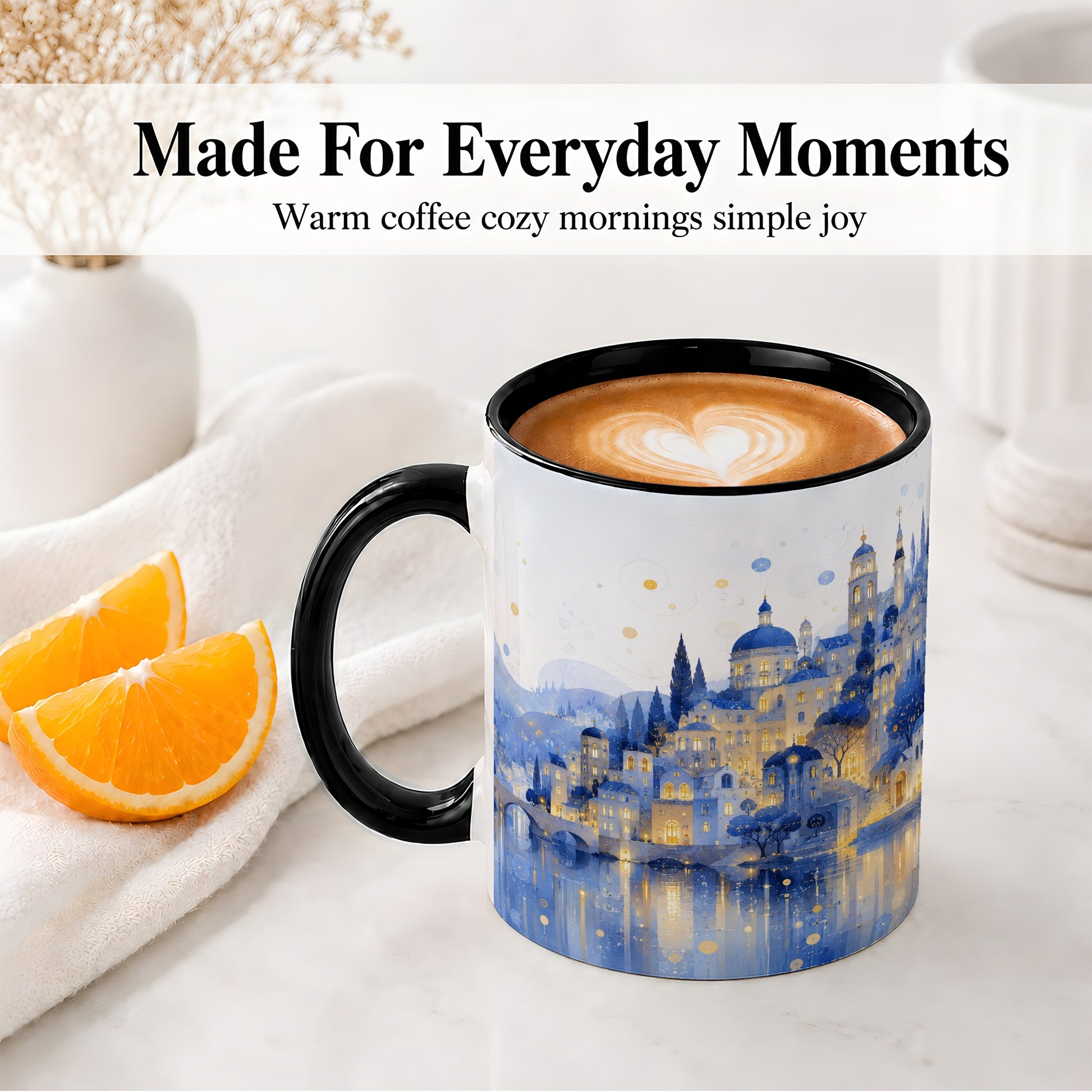 #pl[11oz|Black] Blue Fantasy City Ceramic Mug, Watercolor Nightscape Artwork