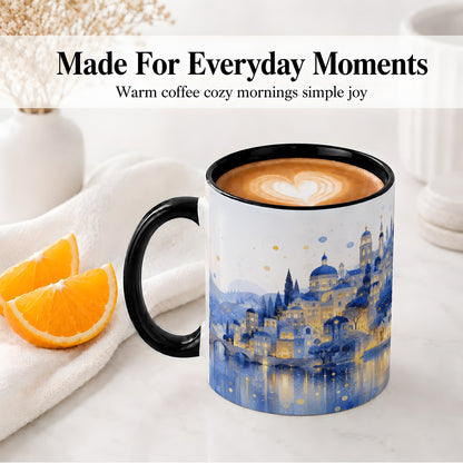 #pl[11oz|Black] Blue Fantasy City Ceramic Mug, Watercolor Nightscape Artwork