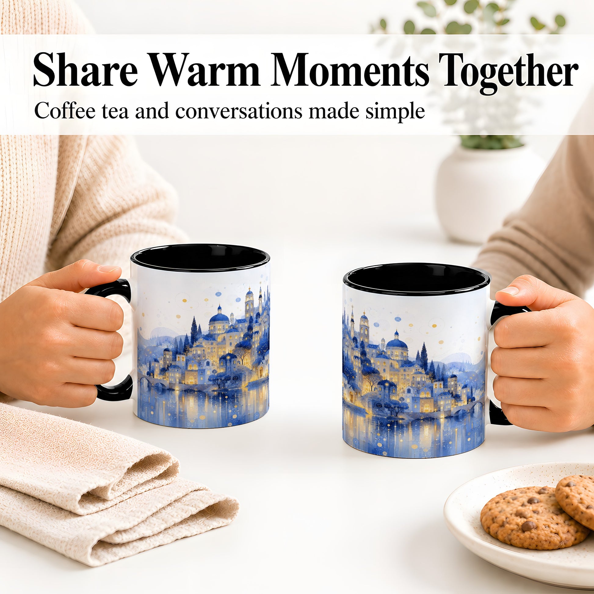 #pl[11oz|Black] Blue Fantasy City Ceramic Mug, Watercolor Nightscape Artwork
