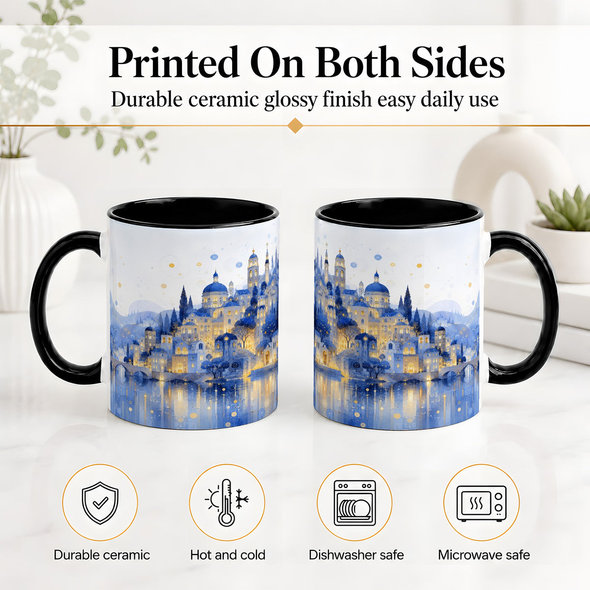 #pl[11oz|Black] Blue Fantasy City Ceramic Mug, Watercolor Nightscape Artwork