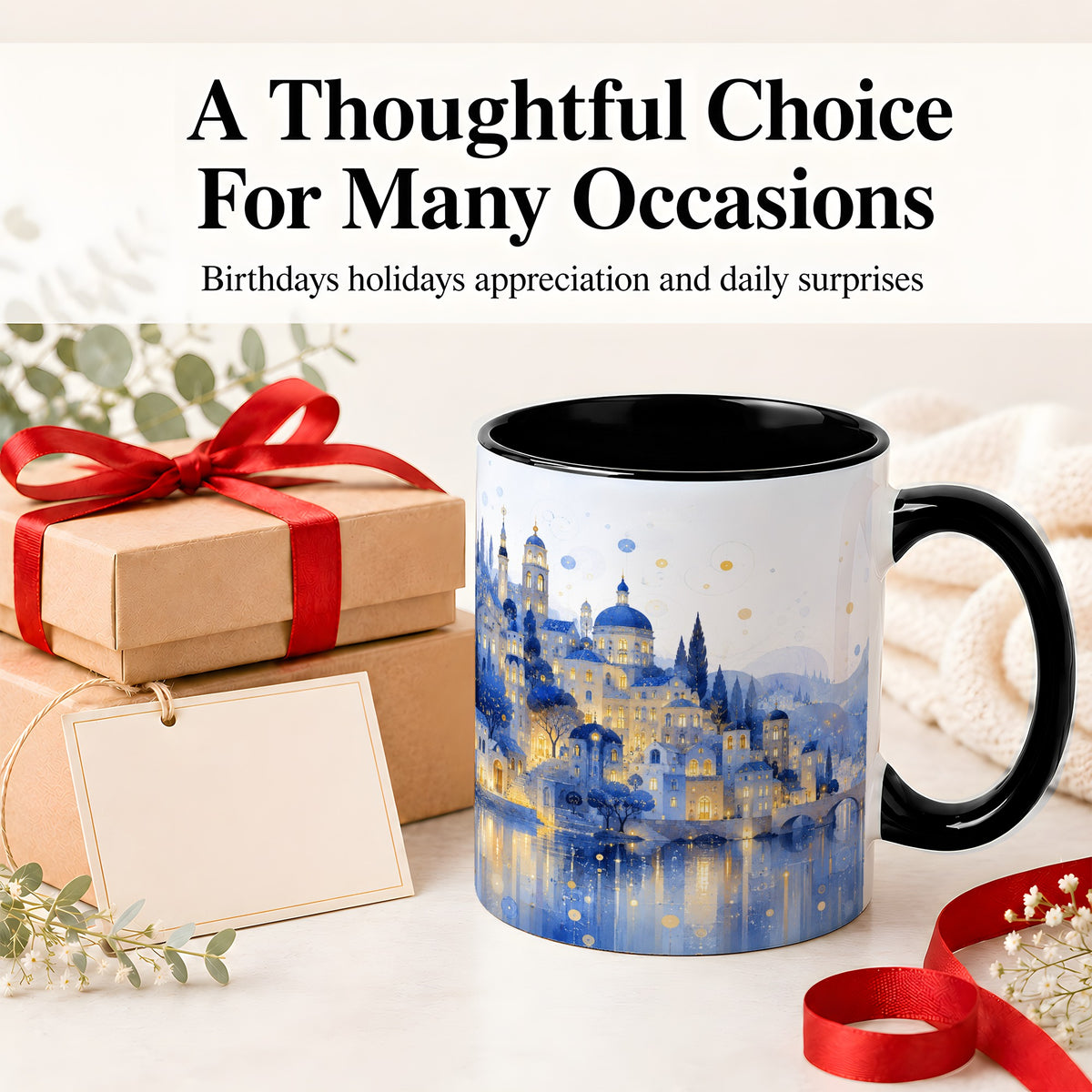 #pl[11oz|Black] Blue Fantasy City Ceramic Mug, Watercolor Nightscape Artwork