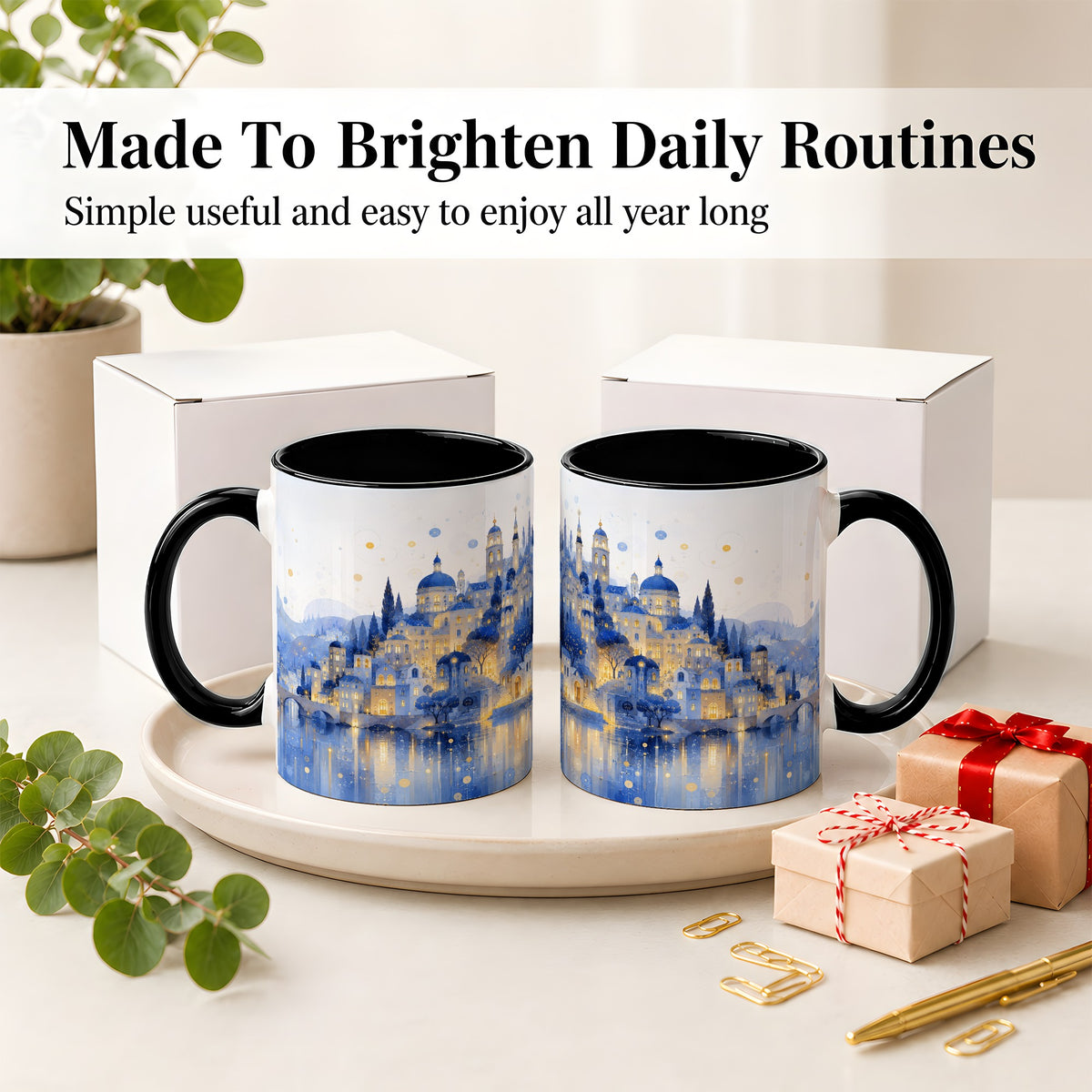 #pl[11oz|Black] Blue Fantasy City Ceramic Mug, Watercolor Nightscape Artwork