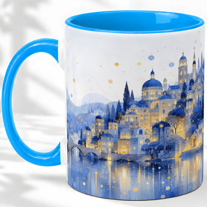 #pl[11oz|Blue] Blue Fantasy City Ceramic Mug, Watercolor Nightscape Artwork