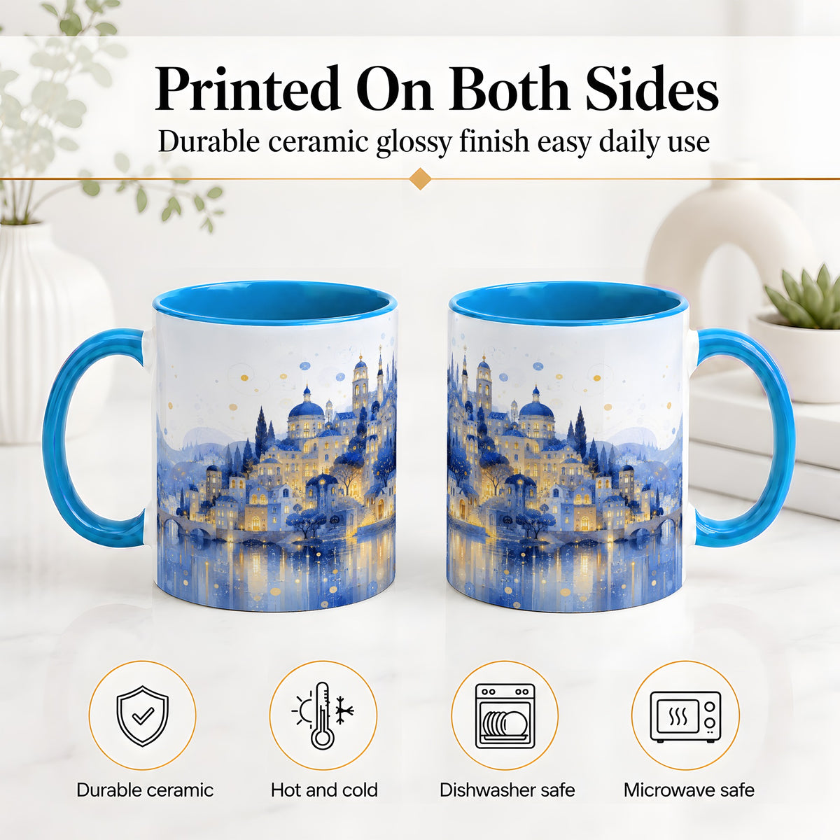 #pl[11oz|Blue] Blue Fantasy City Ceramic Mug, Watercolor Nightscape Artwork