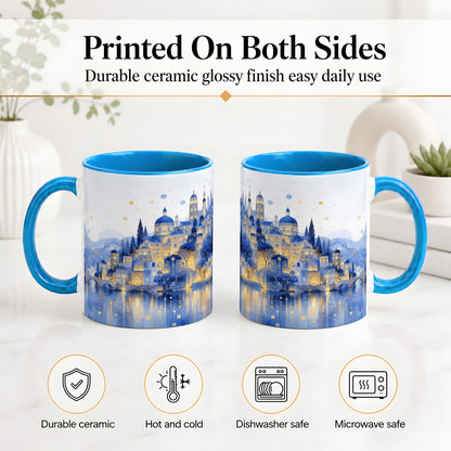 #pl[11oz|Blue] Blue Fantasy City Ceramic Mug, Watercolor Nightscape Artwork