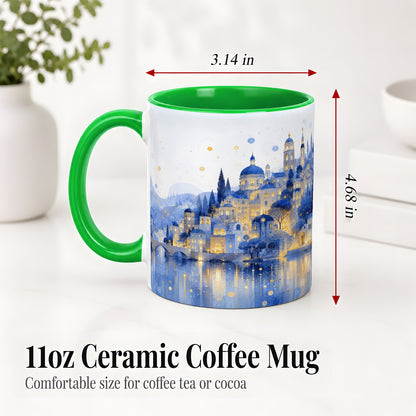 #pl[11oz|Green] Blue Fantasy City Ceramic Mug, Watercolor Nightscape Artwork