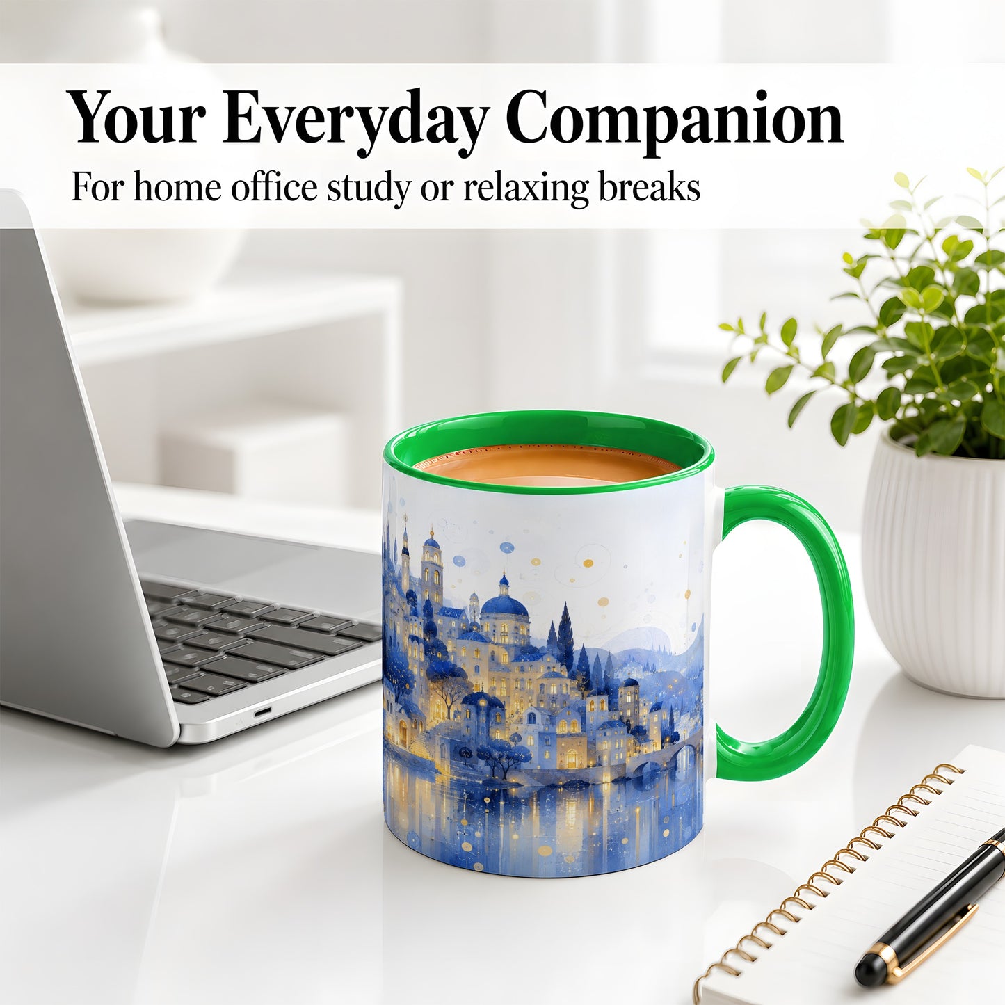 #pl[11oz|Green] Blue Fantasy City Ceramic Mug, Watercolor Nightscape Artwork