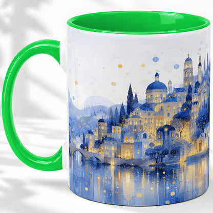 #pl[11oz|Green] Blue Fantasy City Ceramic Mug, Watercolor Nightscape Artwork