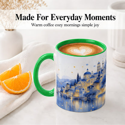 #pl[11oz|Green] Blue Fantasy City Ceramic Mug, Watercolor Nightscape Artwork