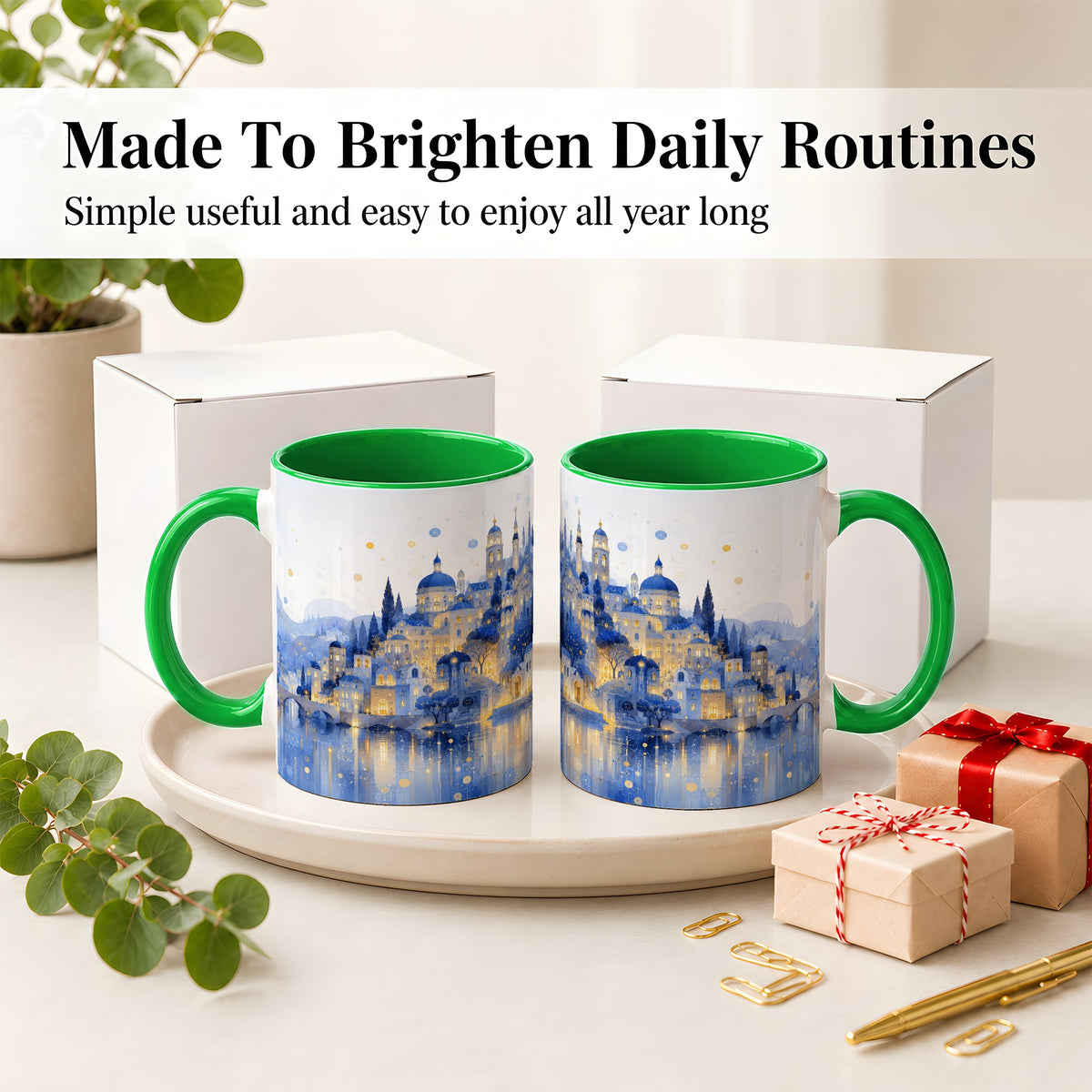 #pl[11oz|Green] Blue Fantasy City Ceramic Mug, Watercolor Nightscape Artwork