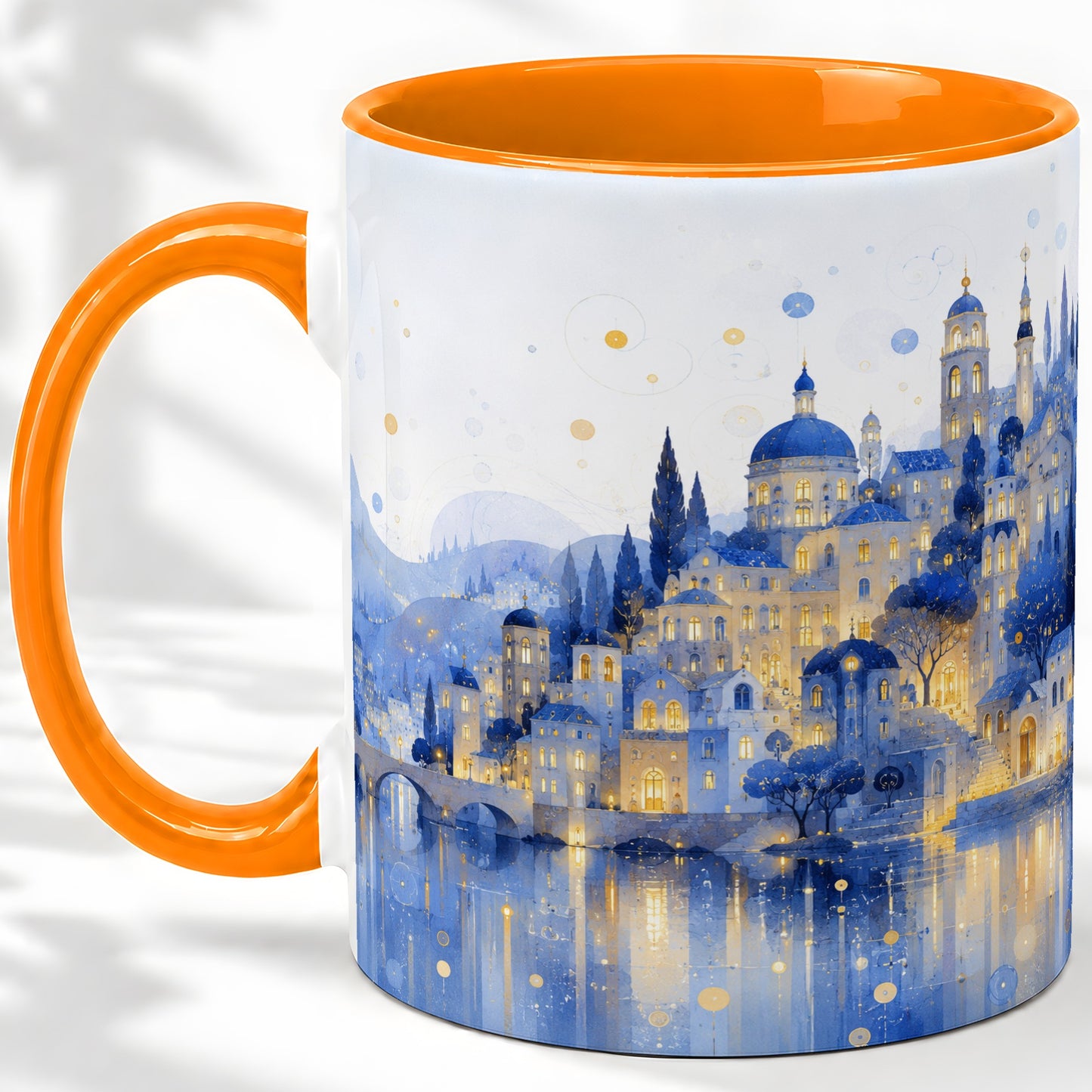 #pl[11oz|Orange] Blue Fantasy City Ceramic Mug, Watercolor Nightscape Artwork