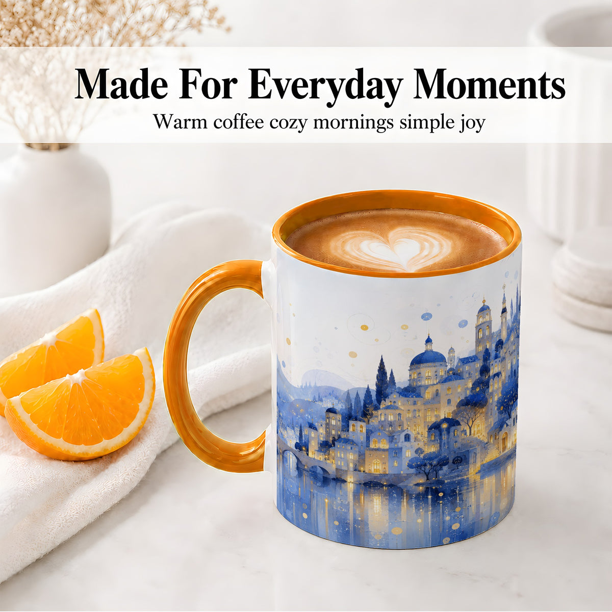 #pl[11oz|Orange] Blue Fantasy City Ceramic Mug, Watercolor Nightscape Artwork