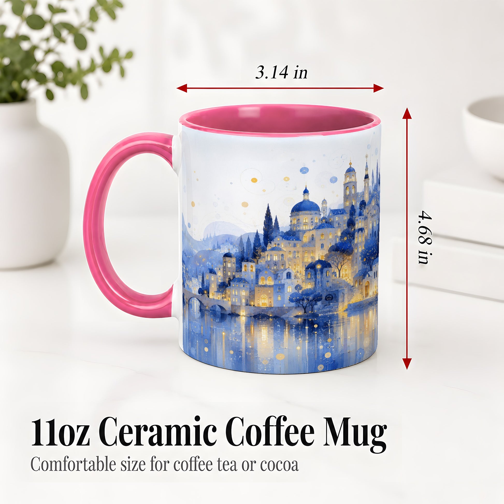 #pl[11oz|Pink] Blue Fantasy City Ceramic Mug, Watercolor Nightscape Artwork