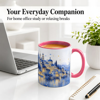 #pl[11oz|Pink] Blue Fantasy City Ceramic Mug, Watercolor Nightscape Artwork