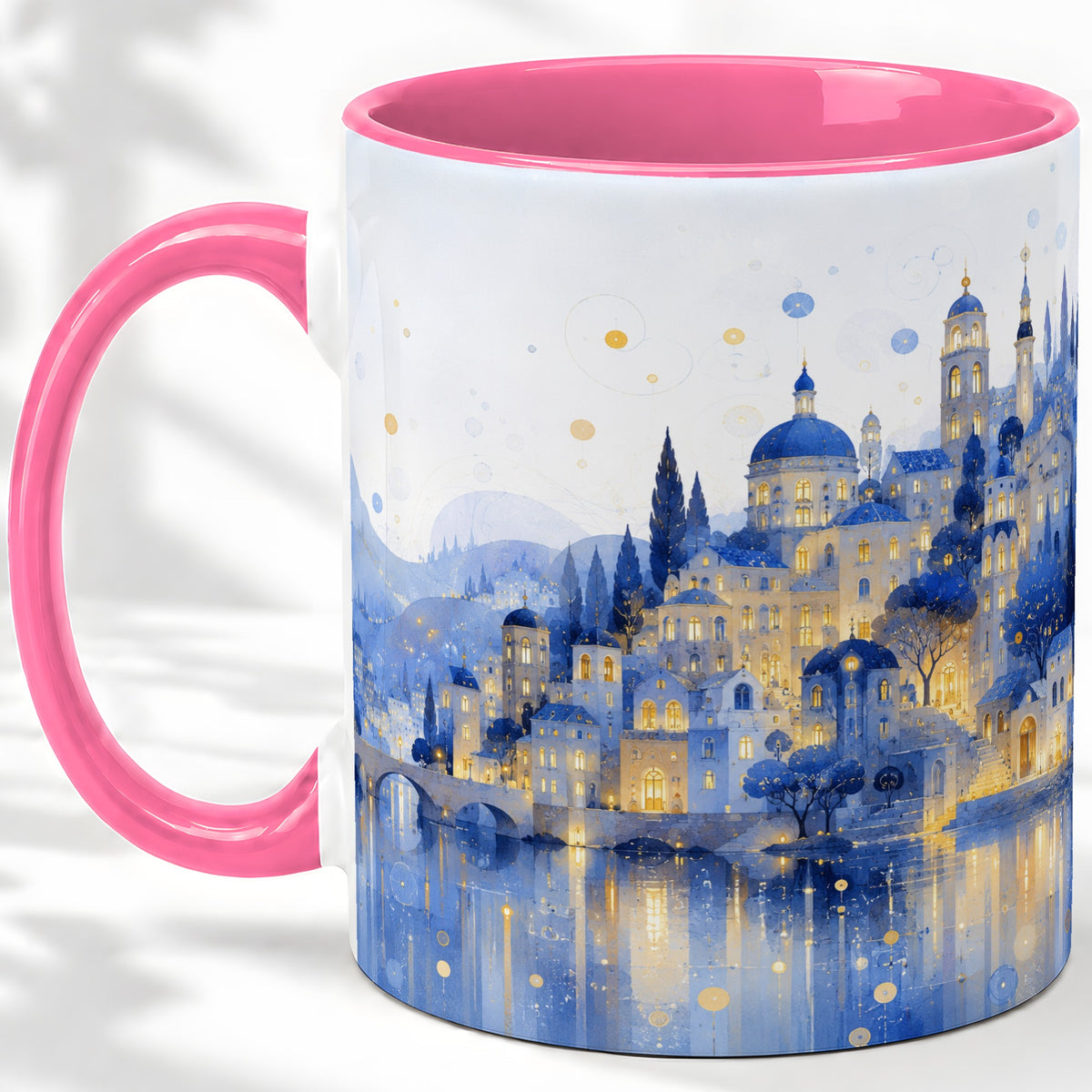 #pl[11oz|Pink] Blue Fantasy City Ceramic Mug, Watercolor Nightscape Artwork