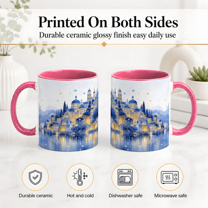 #pl[11oz|Pink] Blue Fantasy City Ceramic Mug, Watercolor Nightscape Artwork