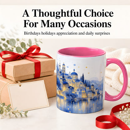 #pl[11oz|Pink] Blue Fantasy City Ceramic Mug, Watercolor Nightscape Artwork
