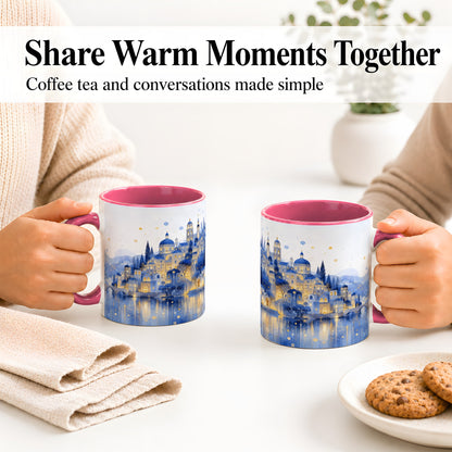 #pl[11oz|Pink] Blue Fantasy City Ceramic Mug, Watercolor Nightscape Artwork