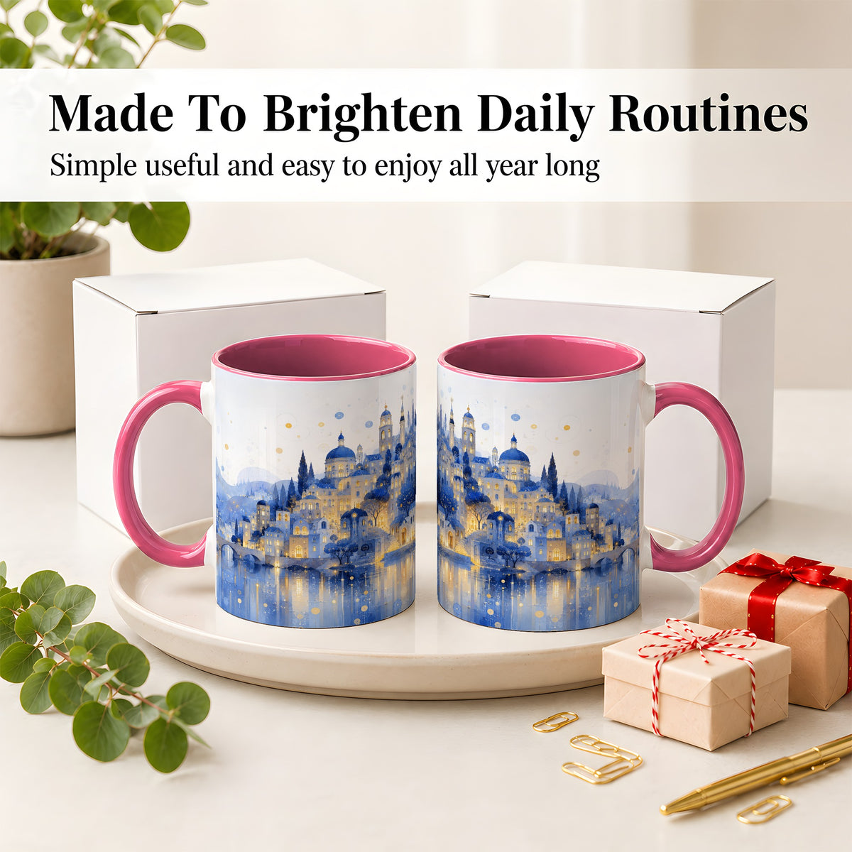 #pl[11oz|Pink] Blue Fantasy City Ceramic Mug, Watercolor Nightscape Artwork