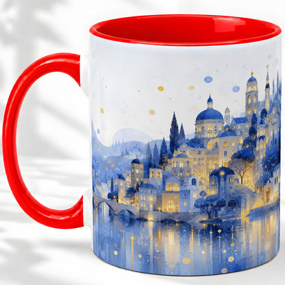 Blue Fantasy City Ceramic Mug, Watercolor Nightscape Artwork