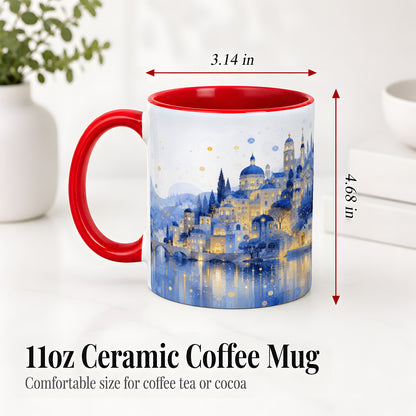#pl[11oz|Red] Blue Fantasy City Ceramic Mug, Watercolor Nightscape Artwork