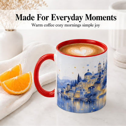 #pl[11oz|Red] Blue Fantasy City Ceramic Mug, Watercolor Nightscape Artwork