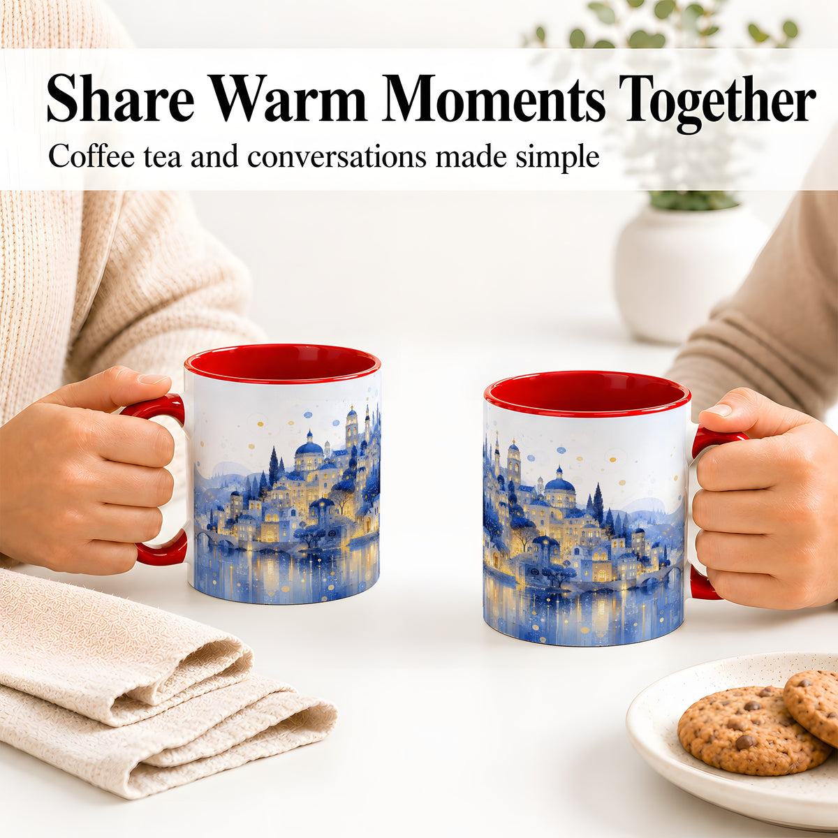#pl[11oz|Red] Blue Fantasy City Ceramic Mug, Watercolor Nightscape Artwork