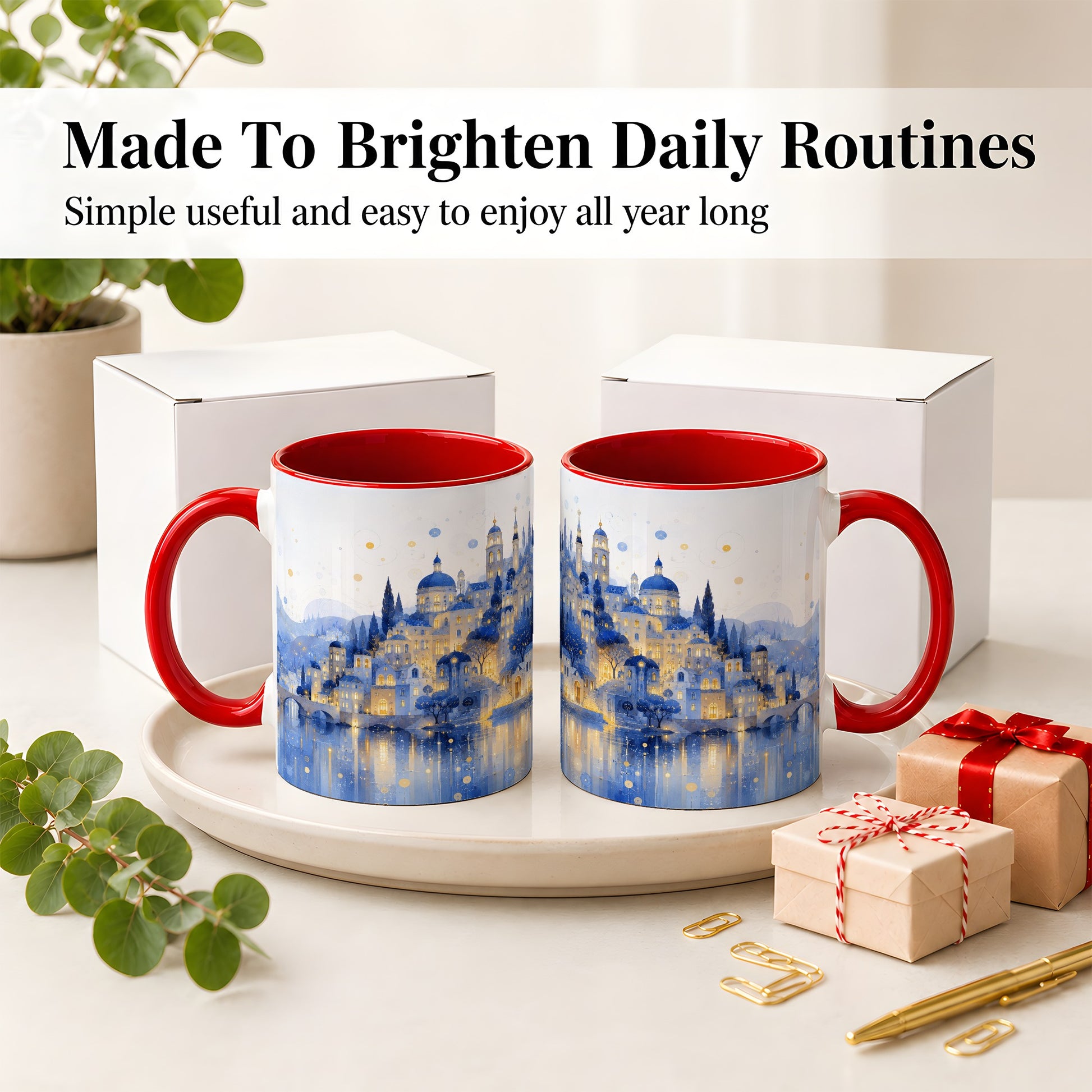 #pl[11oz|Red] Blue Fantasy City Ceramic Mug, Watercolor Nightscape Artwork