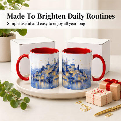 #pl[11oz|Red] Blue Fantasy City Ceramic Mug, Watercolor Nightscape Artwork