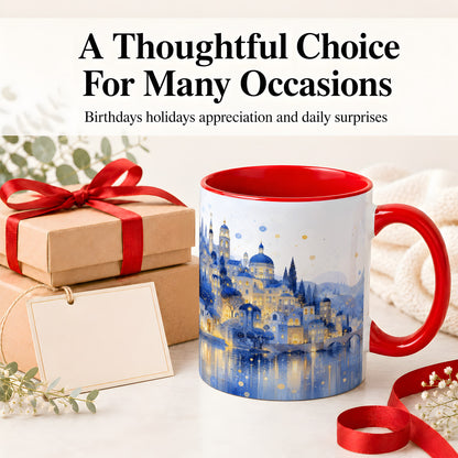 #pl[11oz|Red] Blue Fantasy City Ceramic Mug, Watercolor Nightscape Artwork