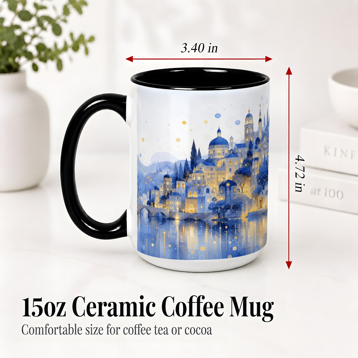 #pl[15oz|Black] Blue Fantasy City Ceramic Mug, Watercolor Nightscape Artwork