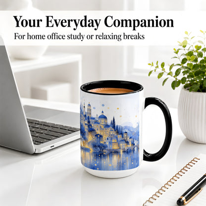 #pl[15oz|Black] Blue Fantasy City Ceramic Mug, Watercolor Nightscape Artwork