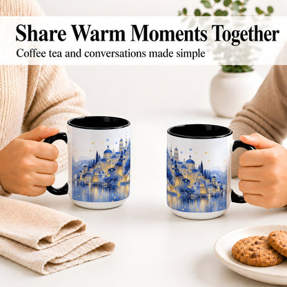 #pl[15oz|Black] Blue Fantasy City Ceramic Mug, Watercolor Nightscape Artwork