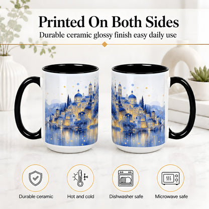 #pl[15oz|Black] Blue Fantasy City Ceramic Mug, Watercolor Nightscape Artwork
