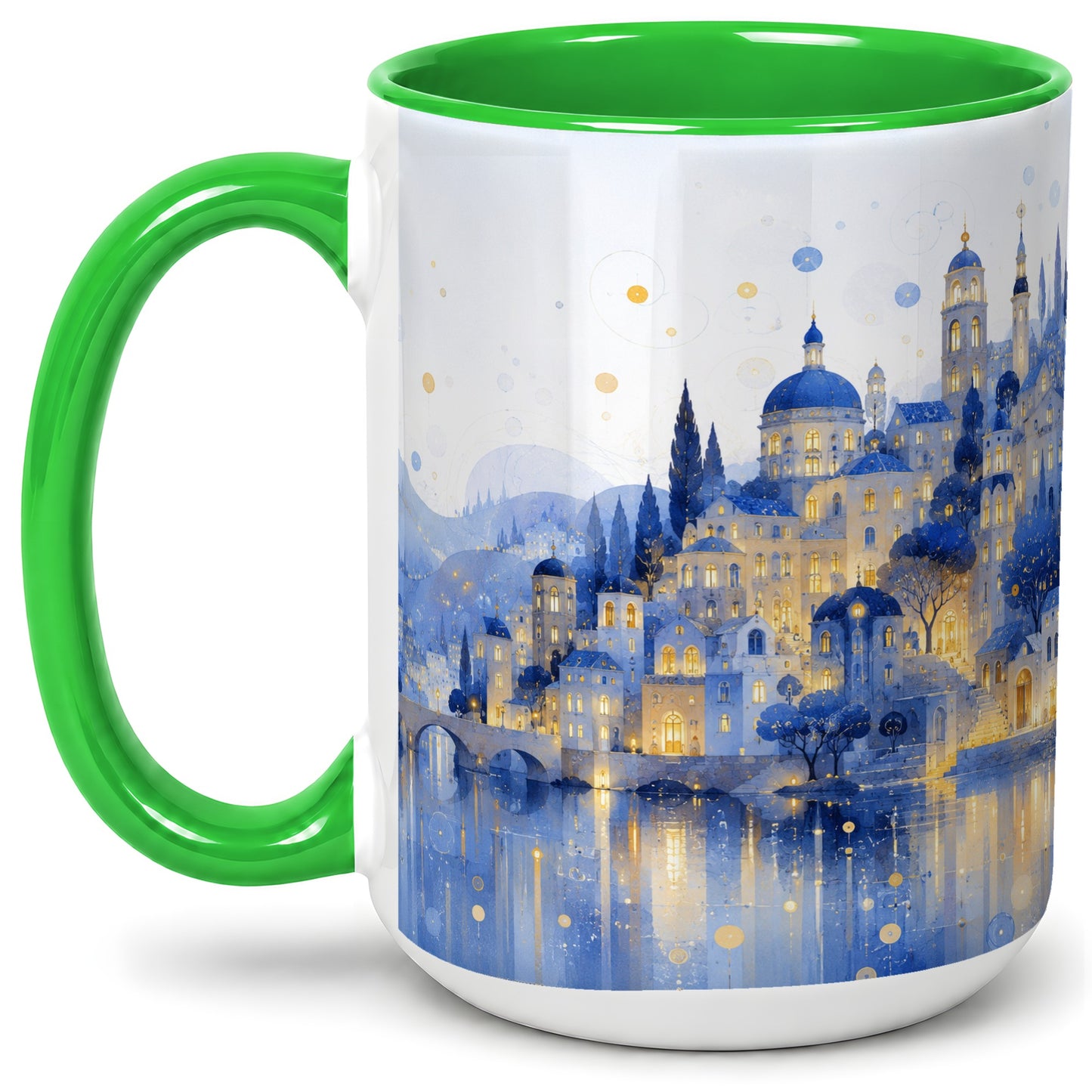 #pl[15oz|Green] Blue Fantasy City Ceramic Mug, Watercolor Nightscape Artwork