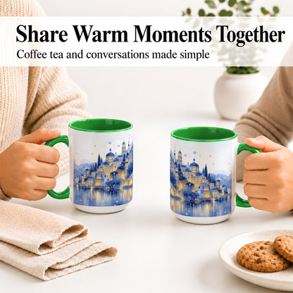 #pl[15oz|Green] Blue Fantasy City Ceramic Mug, Watercolor Nightscape Artwork