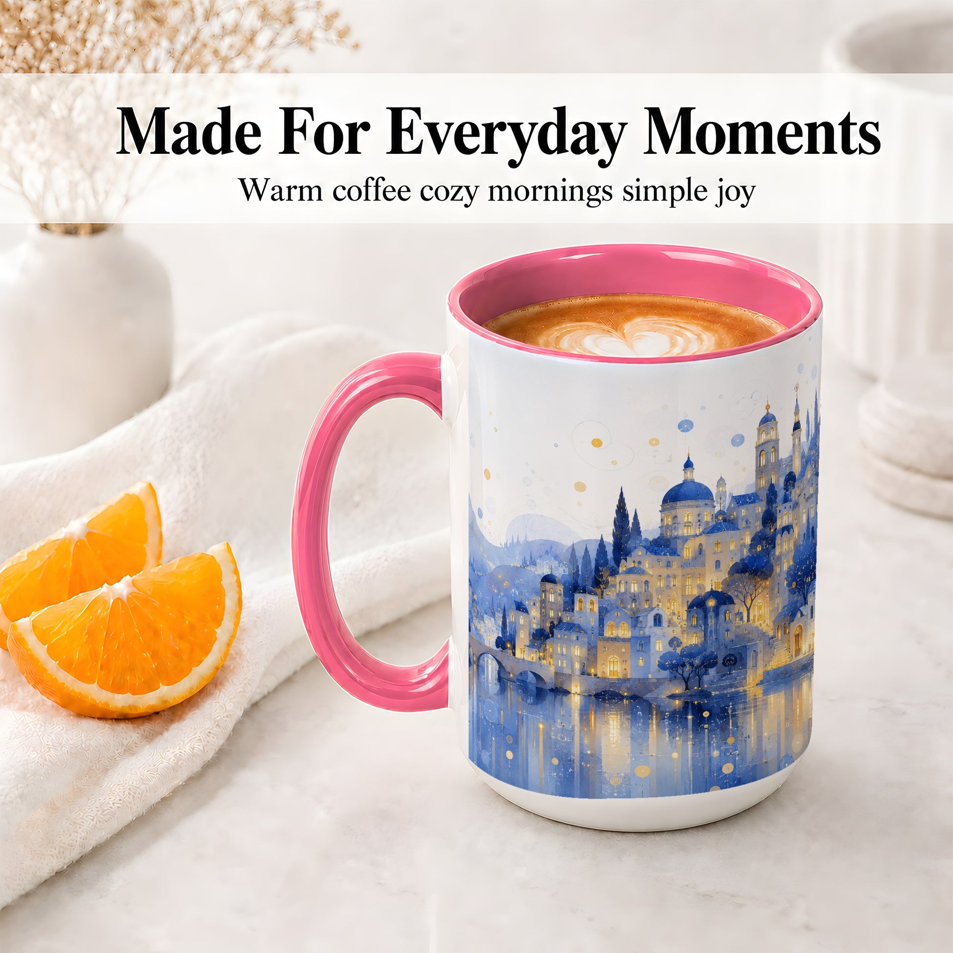 #pl[15oz|Pink] Blue Fantasy City Ceramic Mug, Watercolor Nightscape Artwork