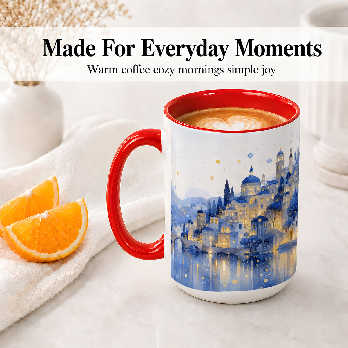#pl[15oz|Red] Blue Fantasy City Ceramic Mug, Watercolor Nightscape Artwork