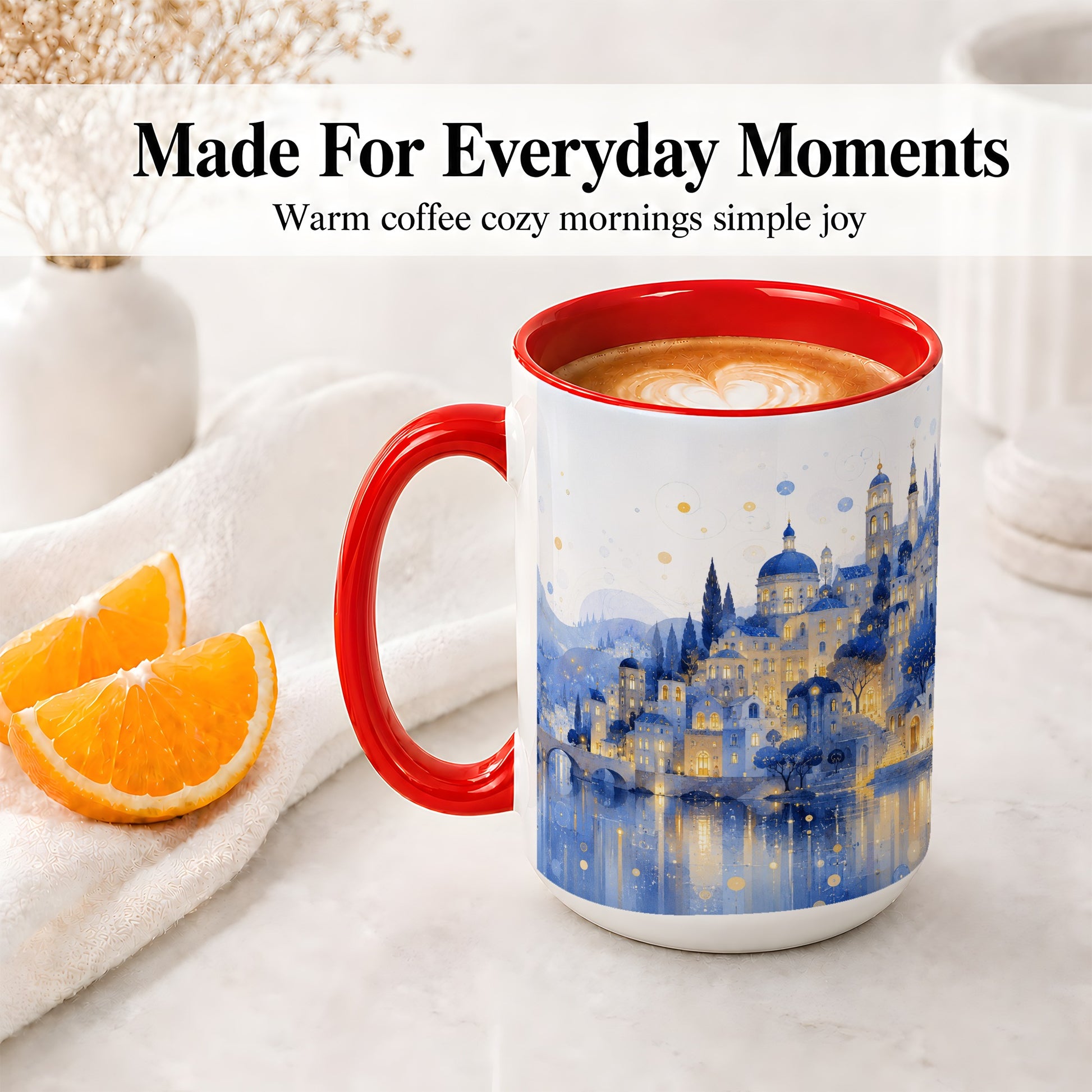 #pl[15oz|Red] Blue Fantasy City Ceramic Mug, Watercolor Nightscape Artwork