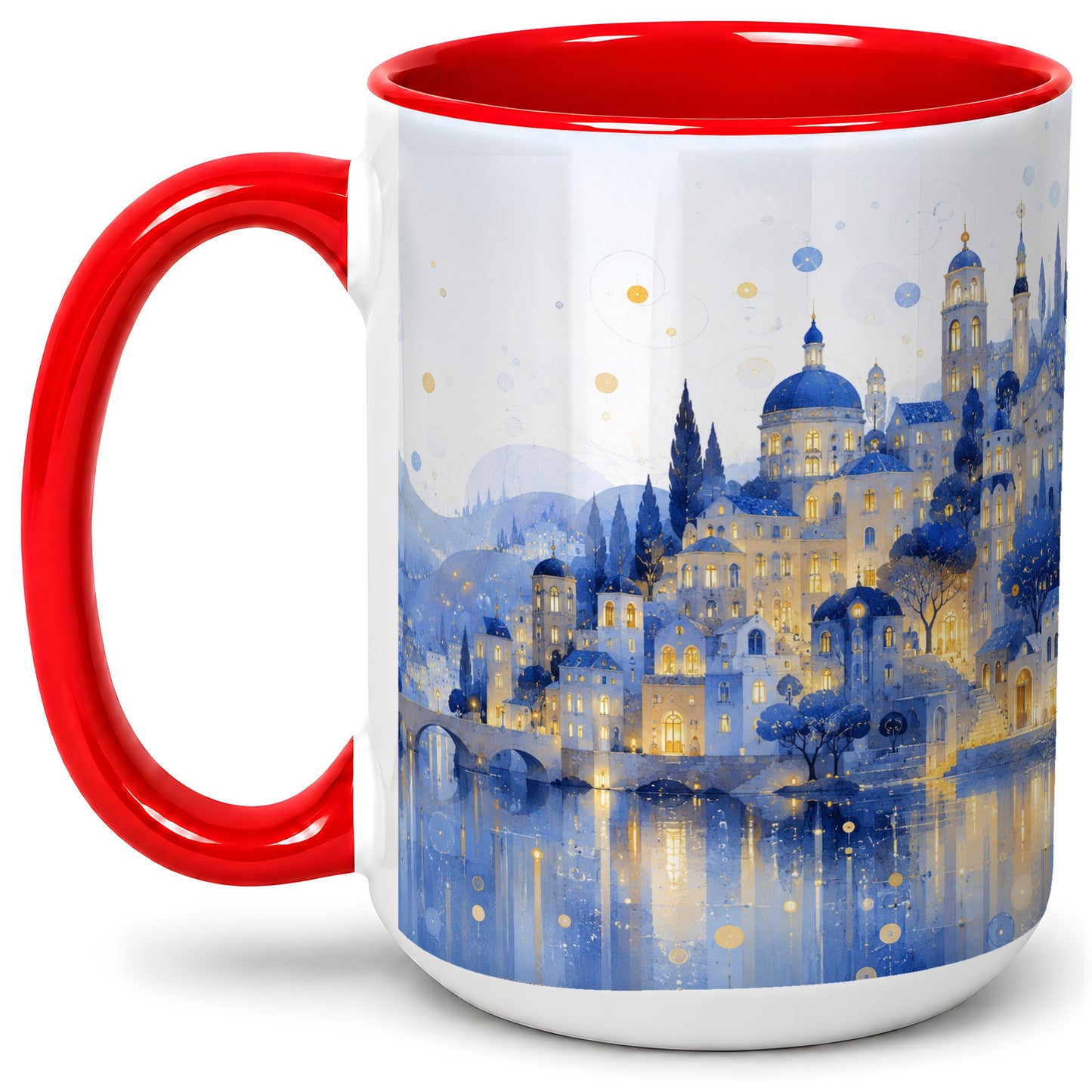 #pl[15oz|Red] Blue Fantasy City Ceramic Mug, Watercolor Nightscape Artwork