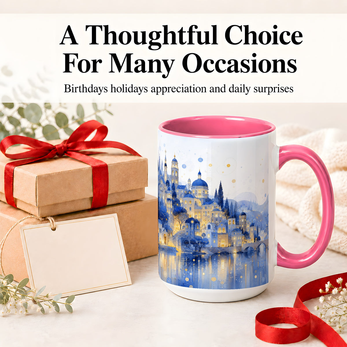 #pl[15oz|Pink] Blue Fantasy City Ceramic Mug, Watercolor Nightscape Artwork