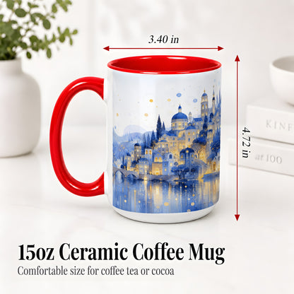 #pl[15oz|Red] Blue Fantasy City Ceramic Mug, Watercolor Nightscape Artwork