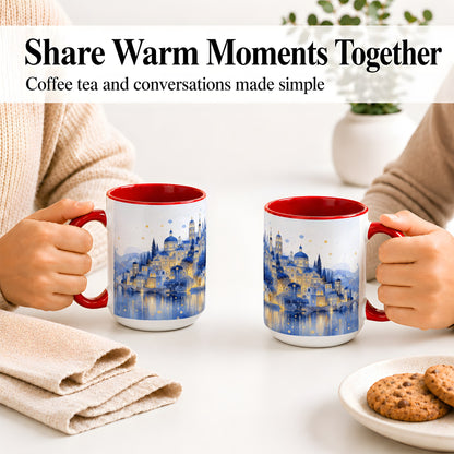 #pl[15oz|Red] Blue Fantasy City Ceramic Mug, Watercolor Nightscape Artwork