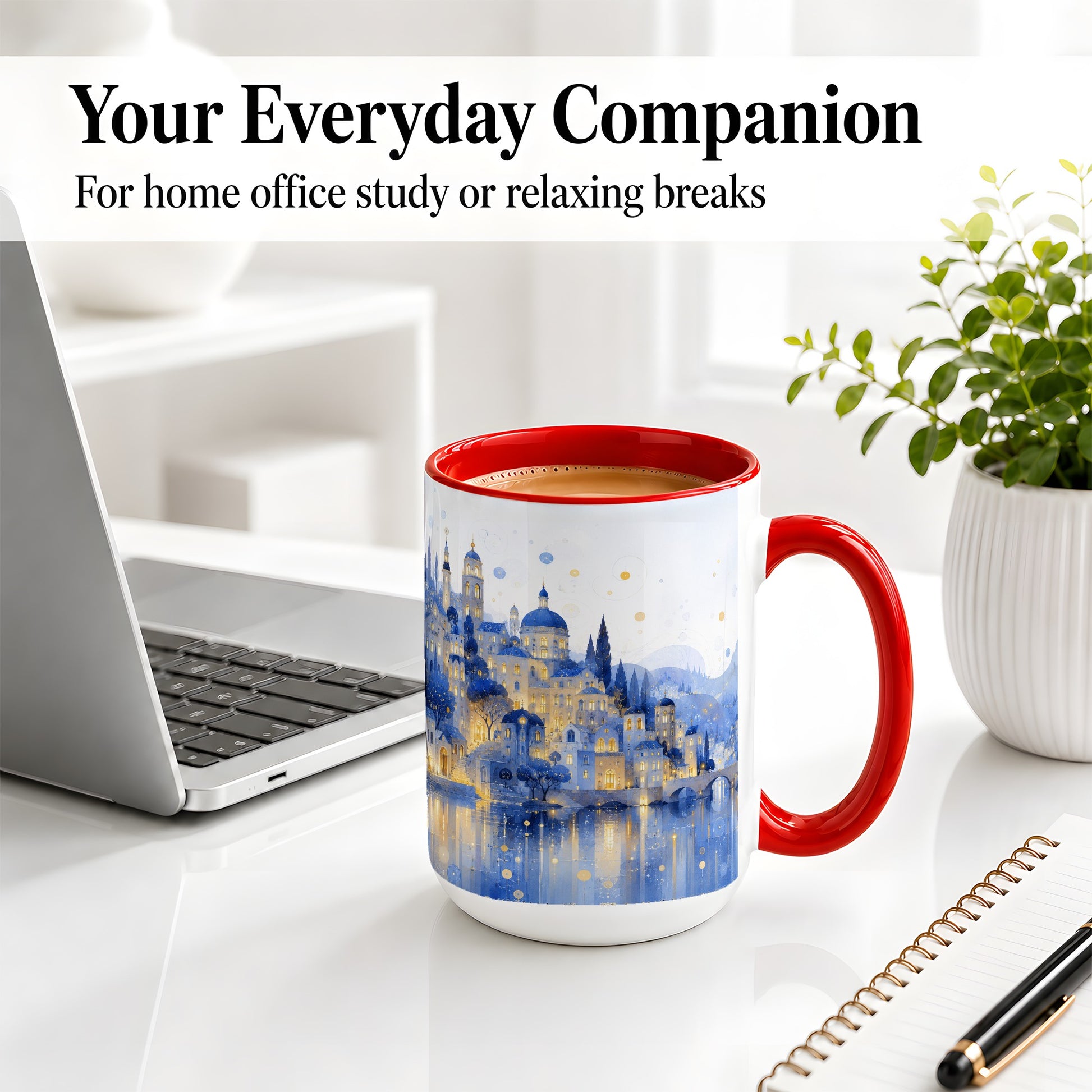 #pl[15oz|Red] Blue Fantasy City Ceramic Mug, Watercolor Nightscape Artwork