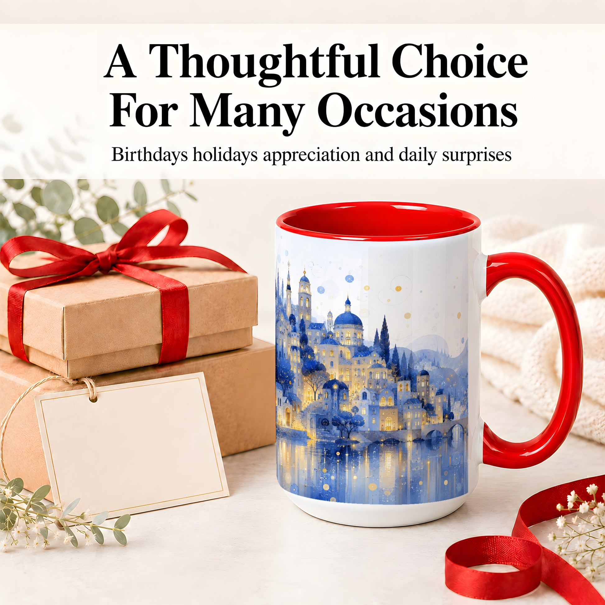 #pl[15oz|Red] Blue Fantasy City Ceramic Mug, Watercolor Nightscape Artwork