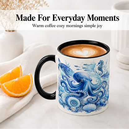 #pl[11oz|Black] Blue Octopus Ceramic Mug, Watercolor Ocean Life Art for Sea Fans