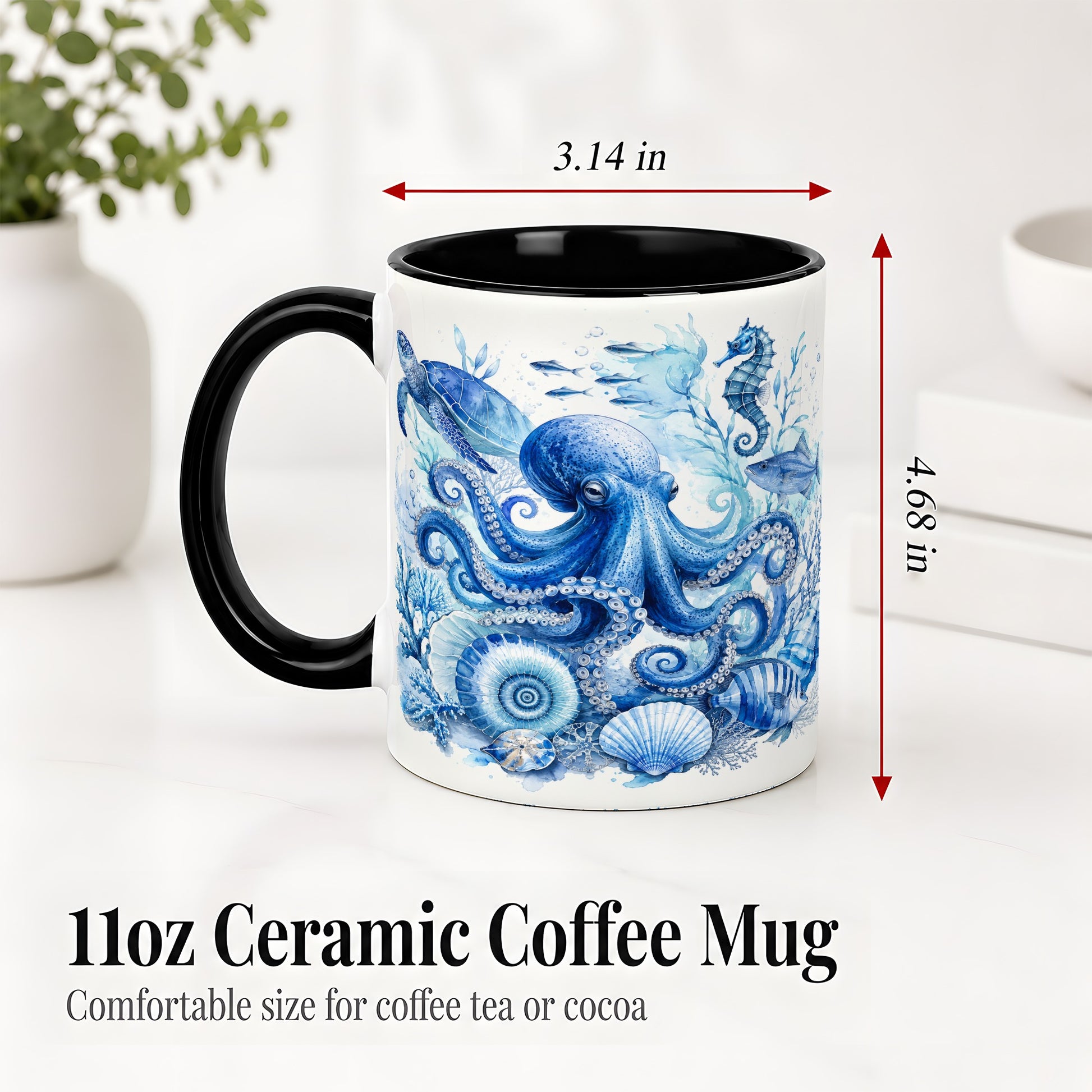 #pl[11oz|Black] Blue Octopus Ceramic Mug, Watercolor Ocean Life Art for Sea Fans
