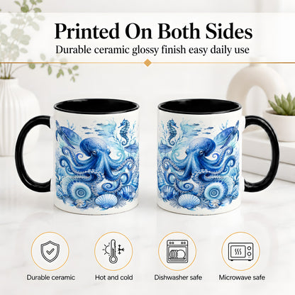 #pl[11oz|Black] Blue Octopus Ceramic Mug, Watercolor Ocean Life Art for Sea Fans