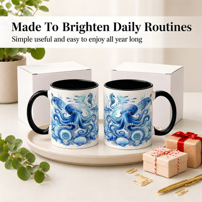 #pl[11oz|Black] Blue Octopus Ceramic Mug, Watercolor Ocean Life Art for Sea Fans