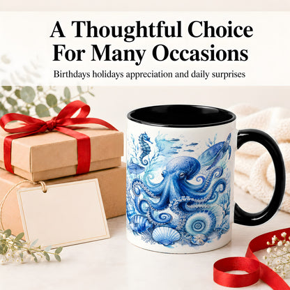 #pl[11oz|Black] Blue Octopus Ceramic Mug, Watercolor Ocean Life Art for Sea Fans